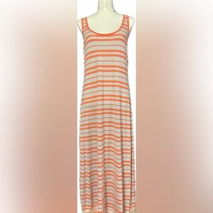 🍑 Ambiance Apparel Striped Maxi Dress Sz L Peach & Gray Racerback Sleeveless